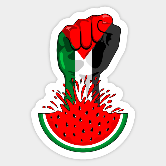 Palestine Flag on Revolution Fist Symbol of freedom coming out from a Watermelon Sticker by BluedarkArt